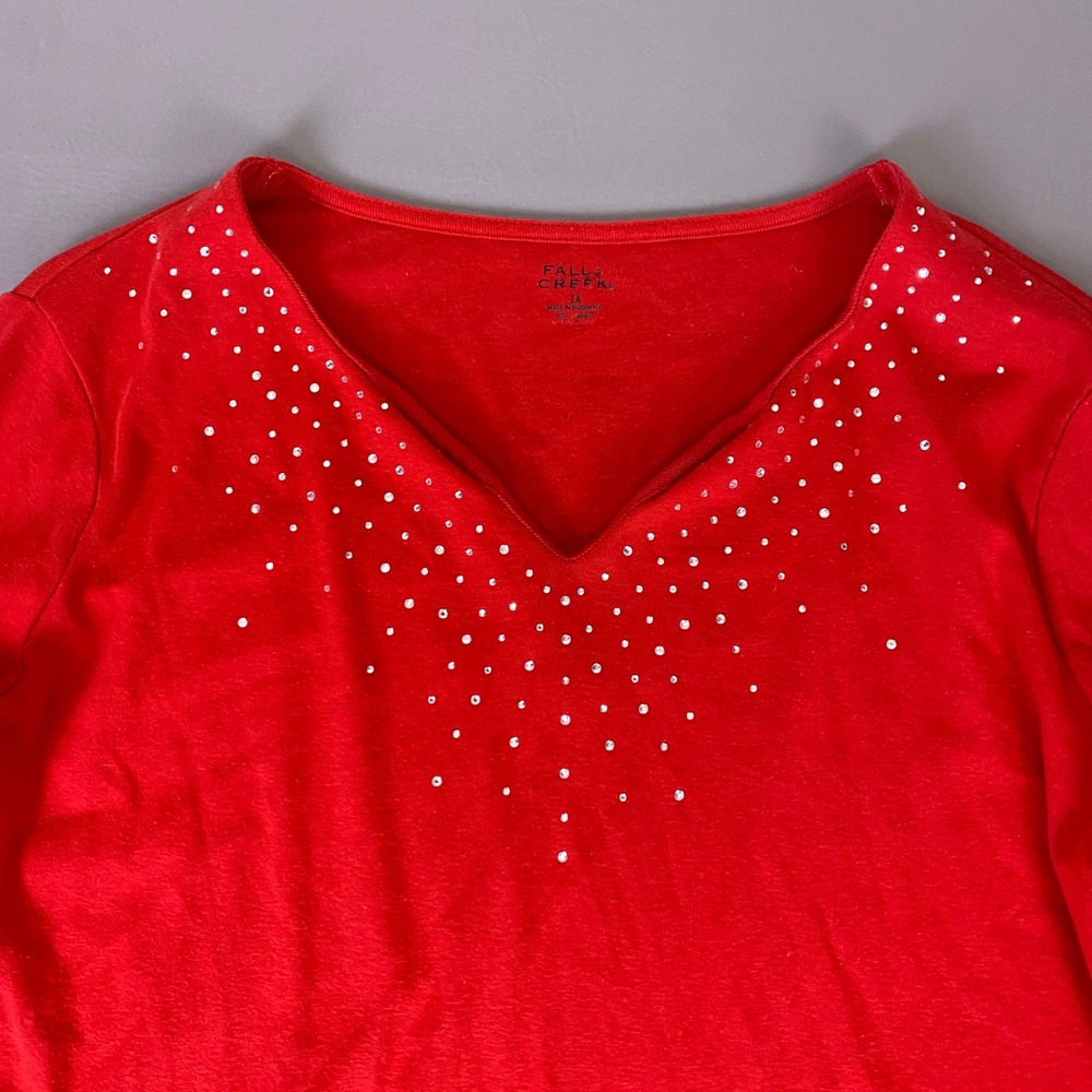 Falls Creek Top Women's 1X Red Long Sleeve V-Neck Rhinestone Embellished Sparkle - Picture 2 of 9